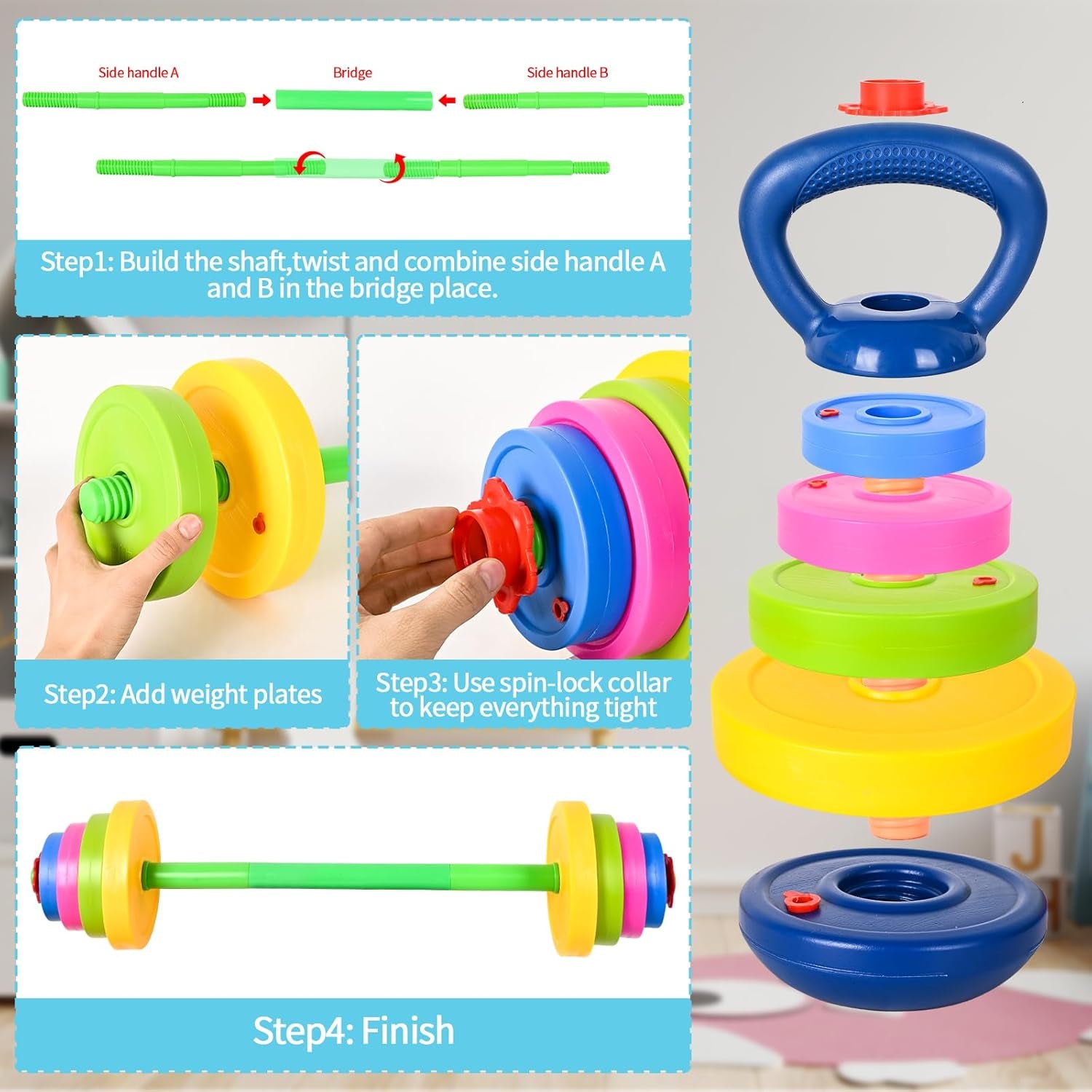 3-In-1 Kids Fitness Set with Adjustable Barbell, Kettlebell & Reusable Water Bottle – Kids Gym Equipment for Pretend Play Exercise, Fun Fitness Toys for Boys & Girls Home Workout