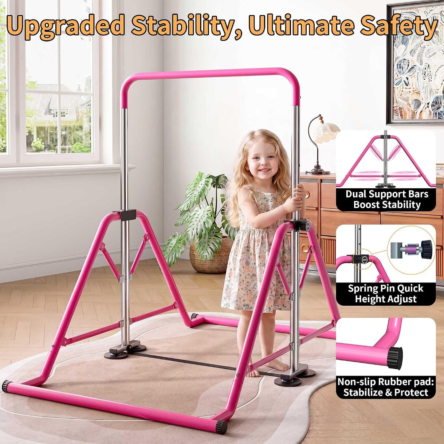 Expandable Kids Gymnastics Kip Bar - Upgraded Dual Base, Folding Adjustable Height 44''-60'', 350LBS Weight Limit, Anti-Slip Suction Feet, Home Training Bar for Kids Ages 3-13 (Pink)