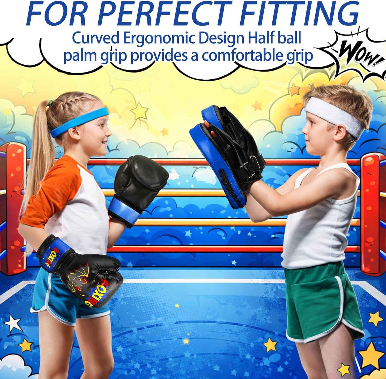 Boxing Gloves and Punching Mitts Set 4Oz Gloves Boxing Pads Kids Youth Sparring Gear Training Equipment for Taekwondo Kick Karate Muay Thai MMA Martial Art