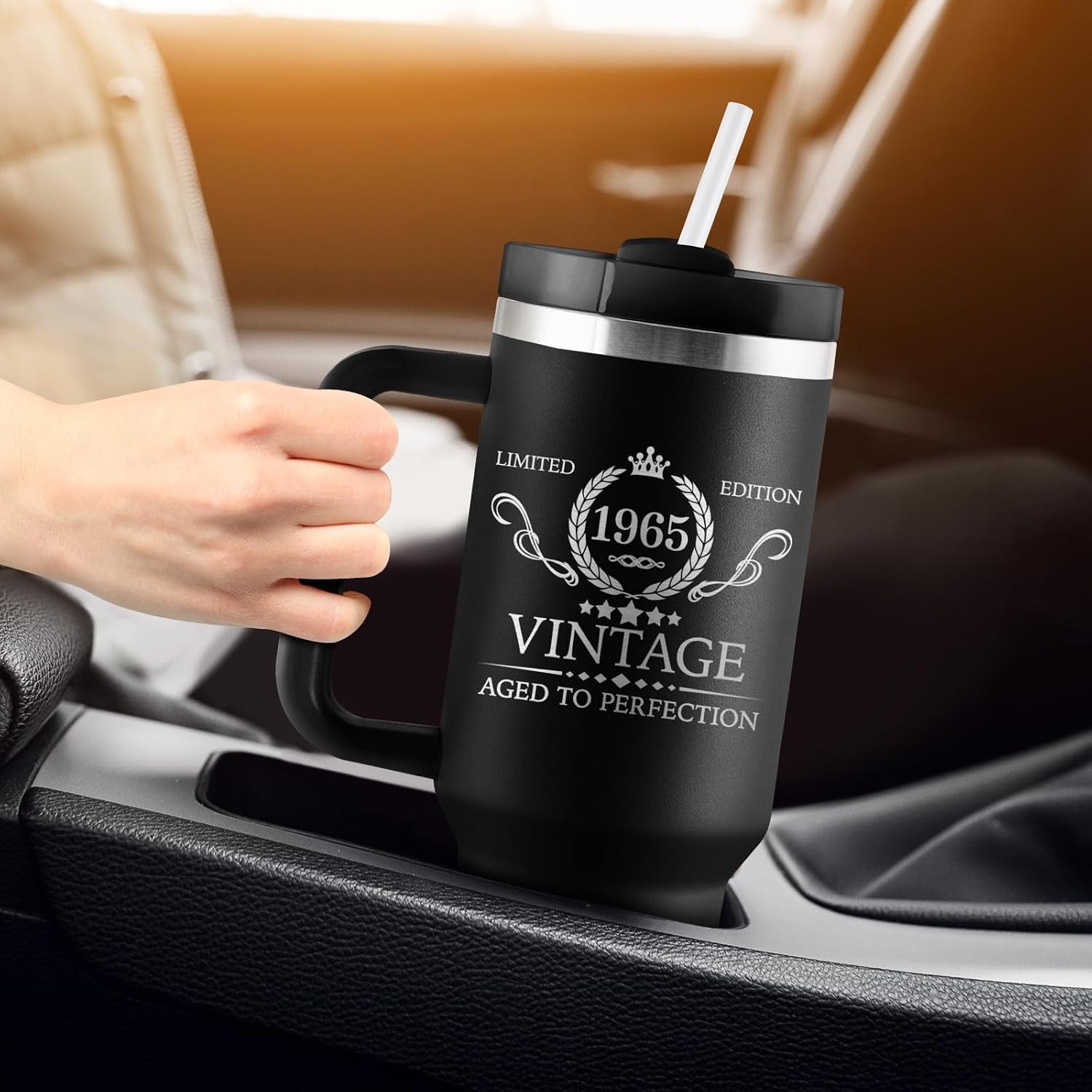 60Th Birthday Gifts for Men - 60Th Birthday Decorations for Men - 60 Year Old Birthday Gift for Man - 1965 Birthday Gift Ideas - 40Oz Travel Cup Insulated Tumbler with Handle & Straw