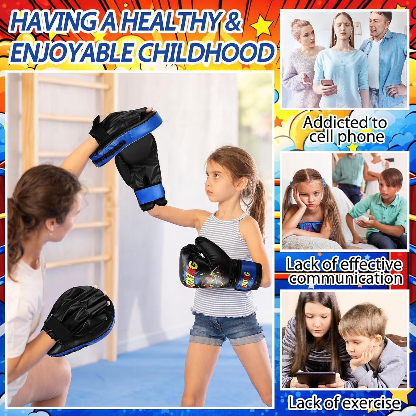 Boxing Gloves and Punching Mitts Set 4Oz Gloves Boxing Pads Kids Youth Sparring Gear Training Equipment for Taekwondo Kick Karate Muay Thai MMA Martial Art