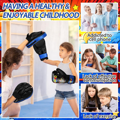 Boxing Gloves and Punching Mitts Set 4Oz Gloves Boxing Pads Kids Youth Sparring Gear Training Equipment for Taekwondo Kick Karate Muay Thai MMA Martial Art