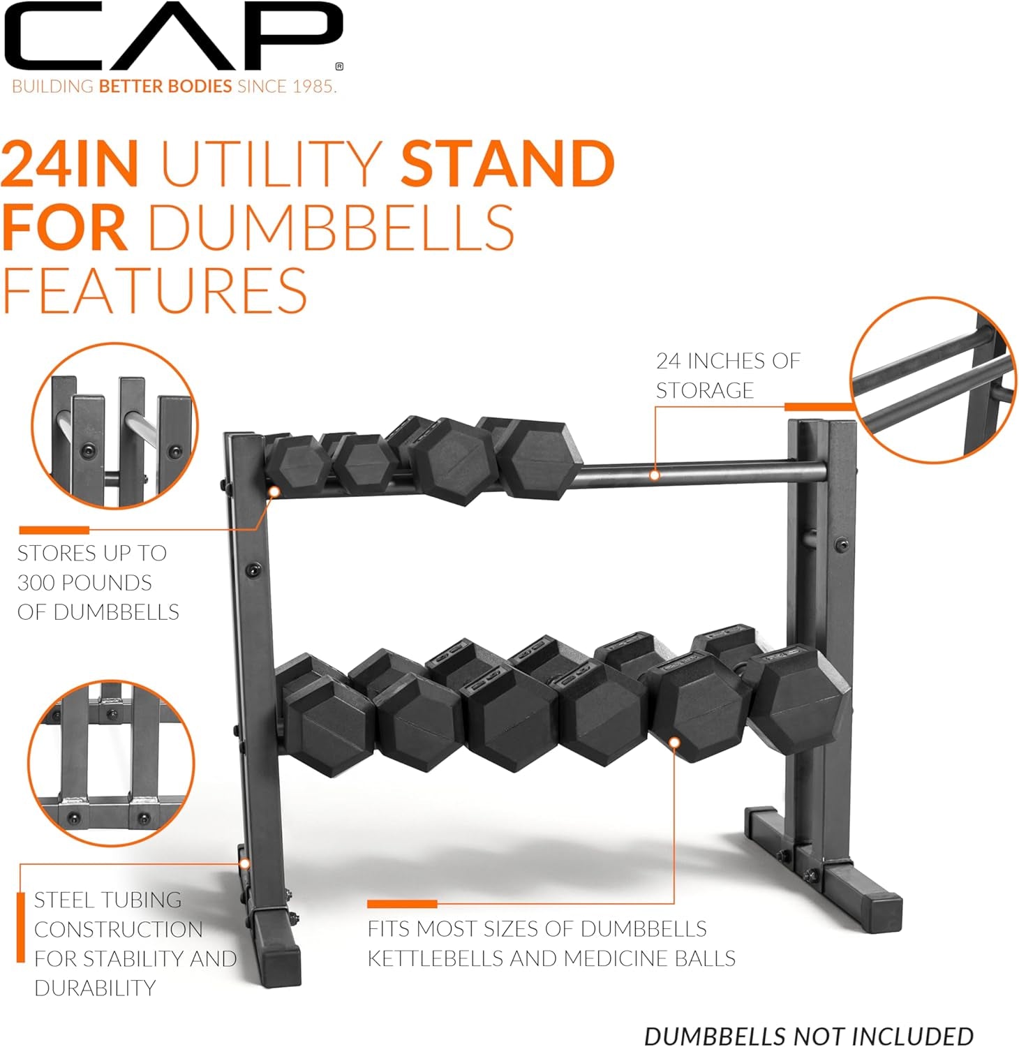 CAP Barbell 24" Dumbbell and Kettlebell Rack – Compact Weight Storage for Home Gym, Holds Dumbbells, Kettlebells & Medicine Balls