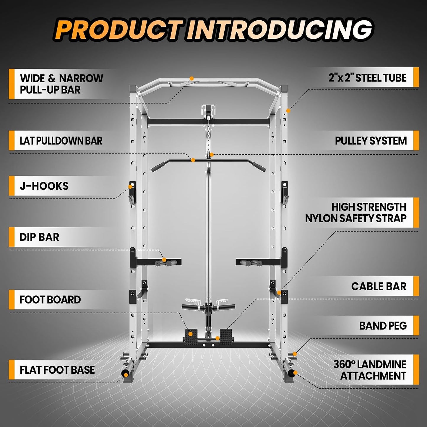 Power Cage, Multi-Function Squat Rack with LAT Pulldown, 1600 LBS Weight Capacity Fitness Power Rack with Cable Pulley System and J-Hooks, Dip Bars and Landmine Attachment for Home Gym