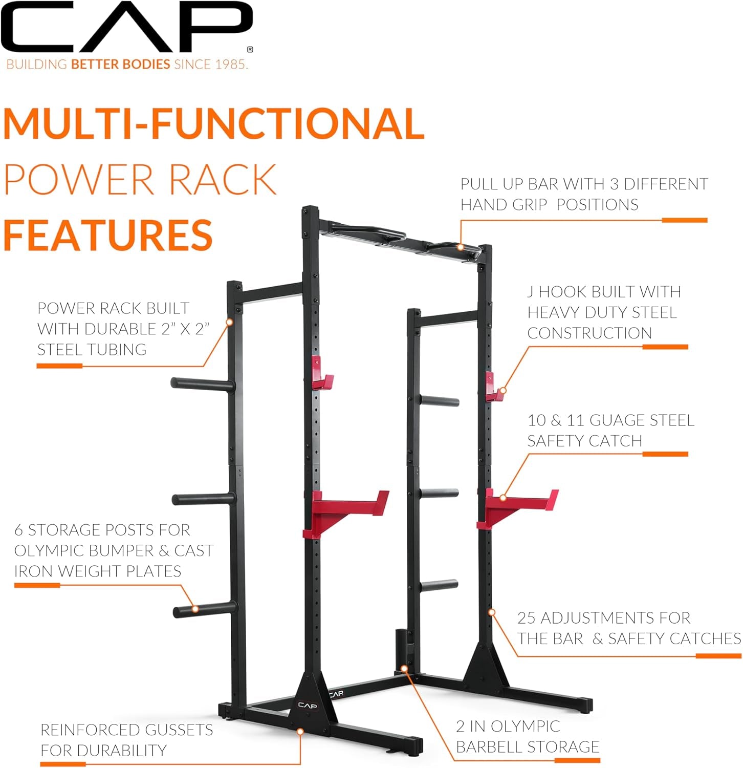 Cap Barbell Power Rack with Pull up Bar & Attachments - Multiple Colors