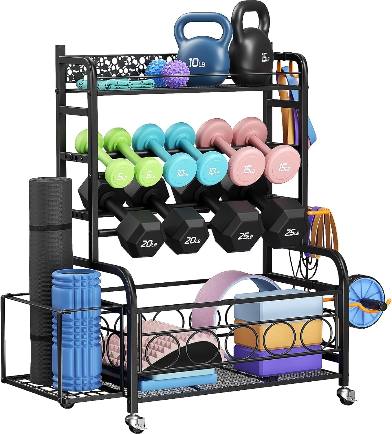 Dumbbell Rack,  Adjustable Weight Rack for Home Gym, Home Gym Storage Rack for Yoga Mat Kettlebells and Strength Training Equipment, Weight Storage Rack for Dumbbells with Wheels
