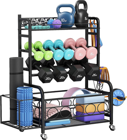Dumbbell Rack,  Adjustable Weight Rack for Home Gym, Home Gym Storage Rack for Yoga Mat Kettlebells and Strength Training Equipment, Weight Storage Rack for Dumbbells with Wheels