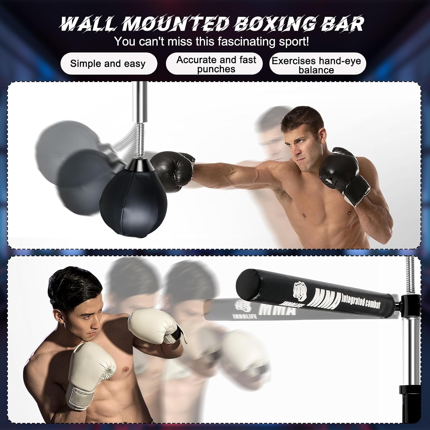 Wall Mount Boxing Bar MMA Boxing Speed Trainer Boxing Reflex Bar Boxing Equipment Boxing Spinning Bar with Punching Ball for Gym Home