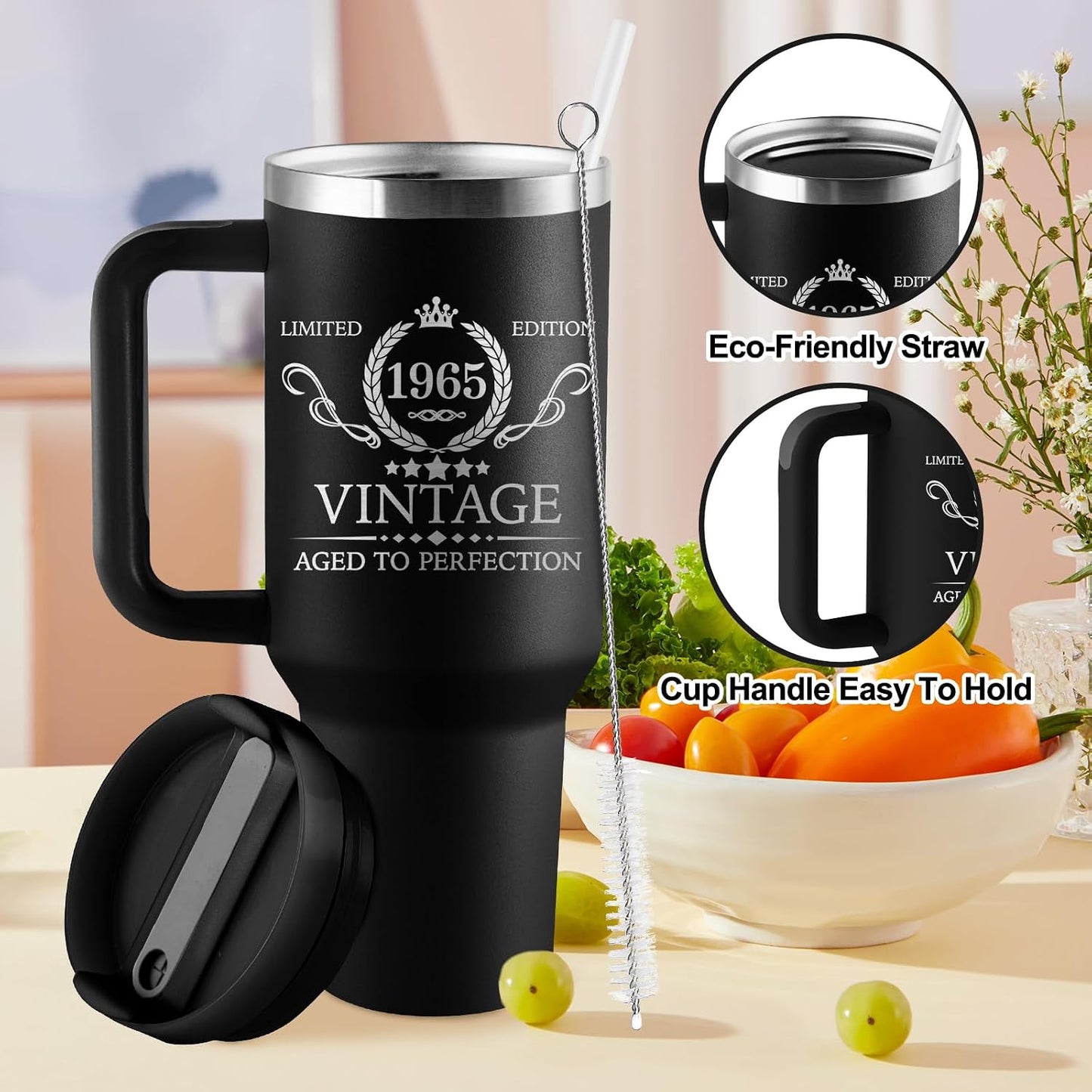 60Th Birthday Gifts for Men - 60Th Birthday Decorations for Men - 60 Year Old Birthday Gift for Man - 1965 Birthday Gift Ideas - 40Oz Travel Cup Insulated Tumbler with Handle & Straw
