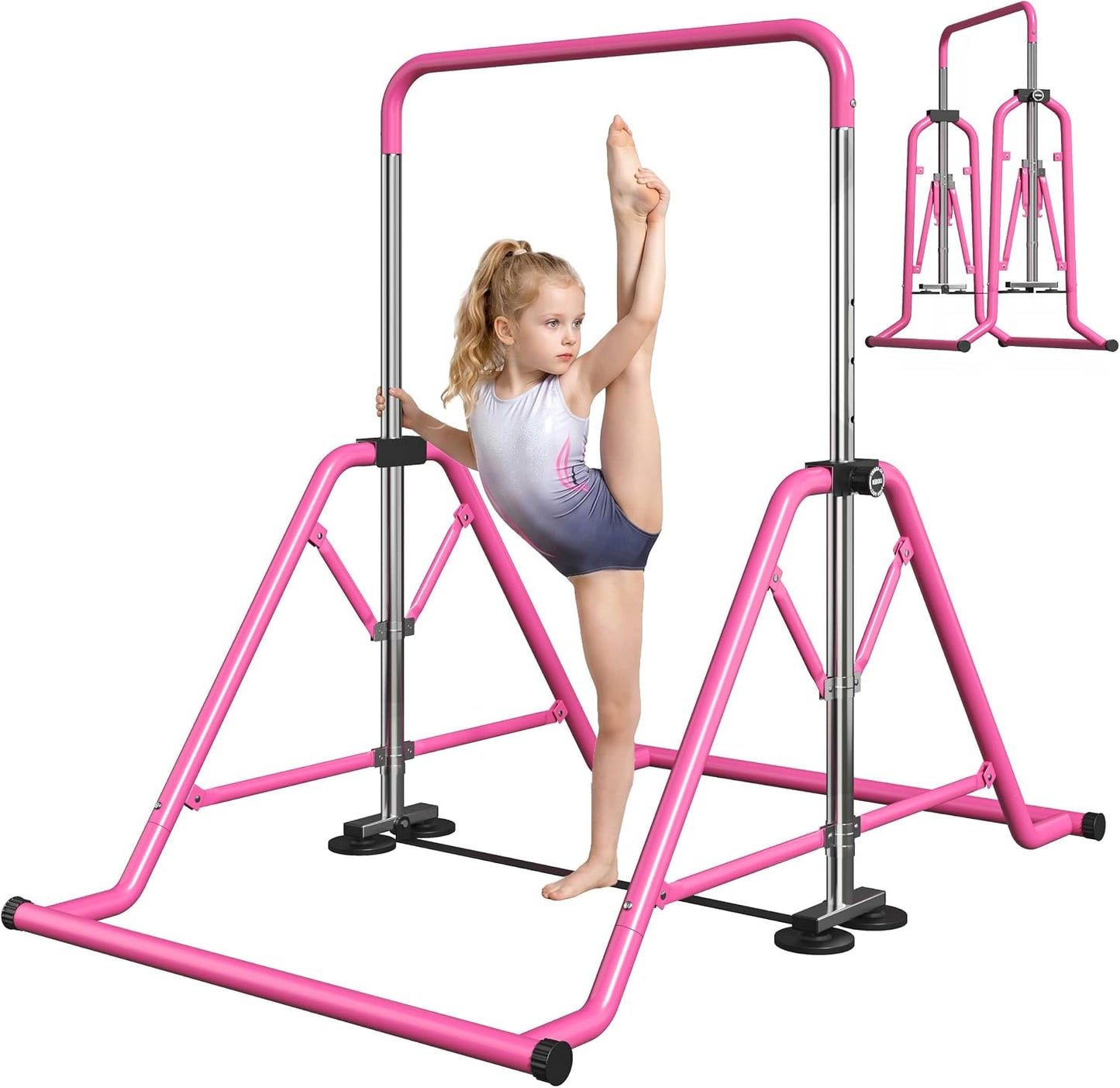 Expandable Kids Gymnastics Kip Bar - Upgraded Dual Base, Folding Adjustable Height 44''-60'', 350LBS Weight Limit, Anti-Slip Suction Feet, Home Training Bar for Kids Ages 3-13 (Pink)