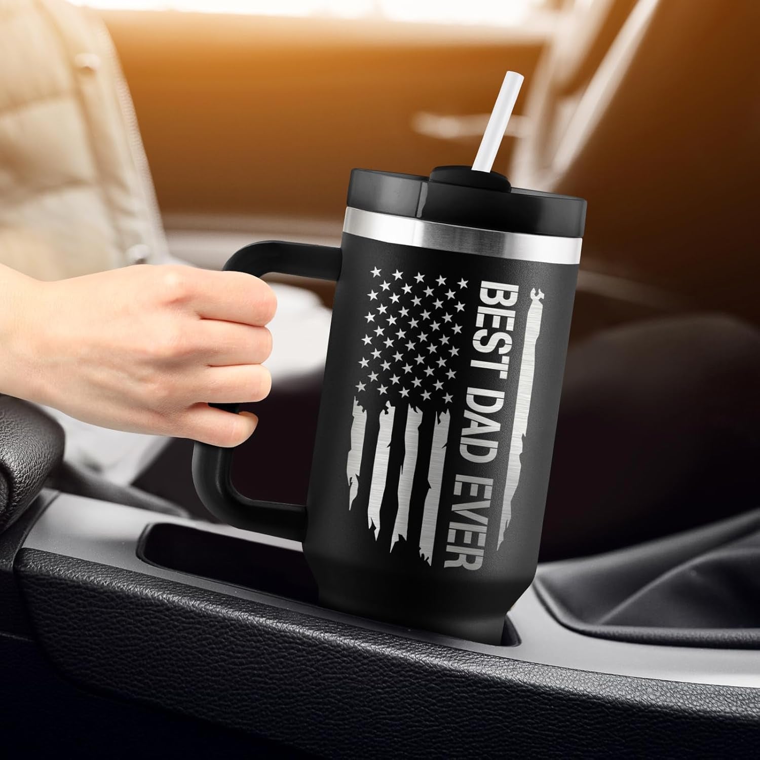 Dad Gifts Fathers Day Gift for Dad Best Dad Ever Gift from Daughter Son Kids Wife 40Oz Travel Cup Insulated Tumbler with Handle & Straw