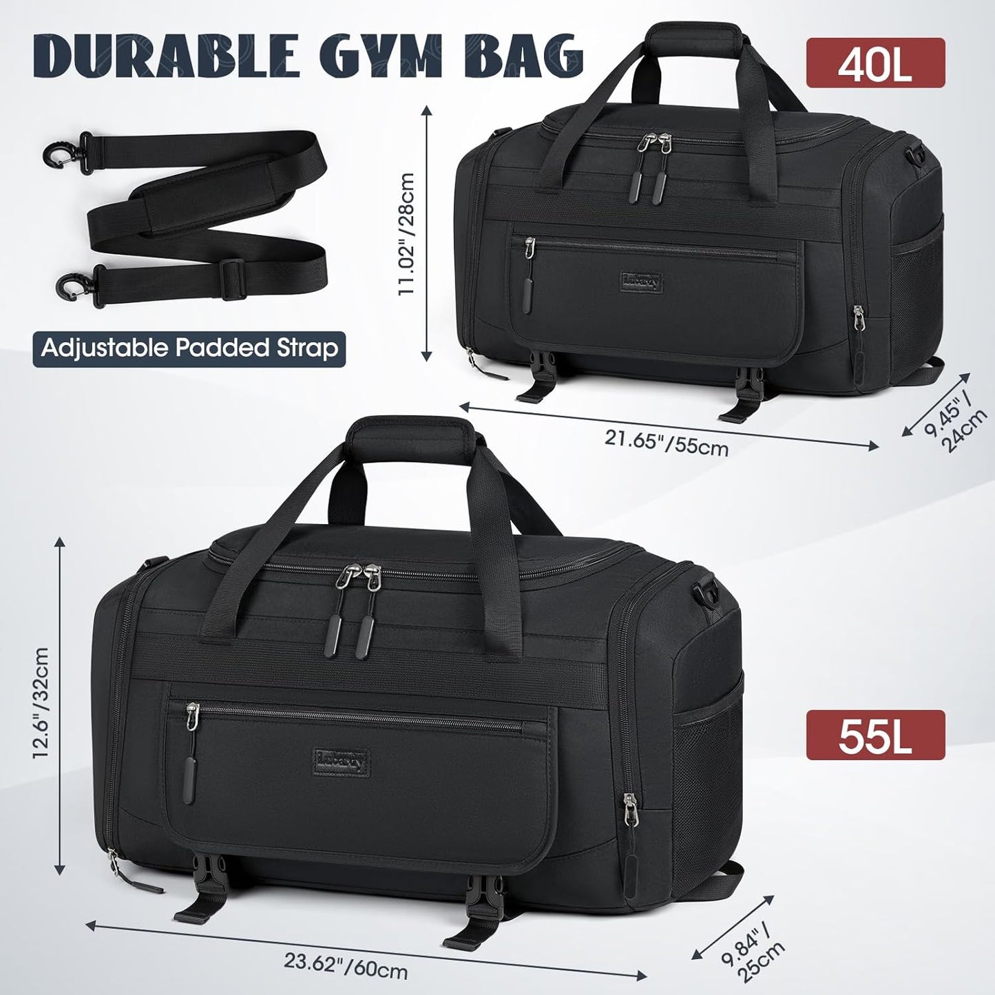 Gym Bag for Men 40L Sports Duffel Bags Gym Duffle Bag Women with Shoe Compartment & Wet Pocket Water Resistant Travel Duffel Bag Lightweight Weekender Overnight Bag Black