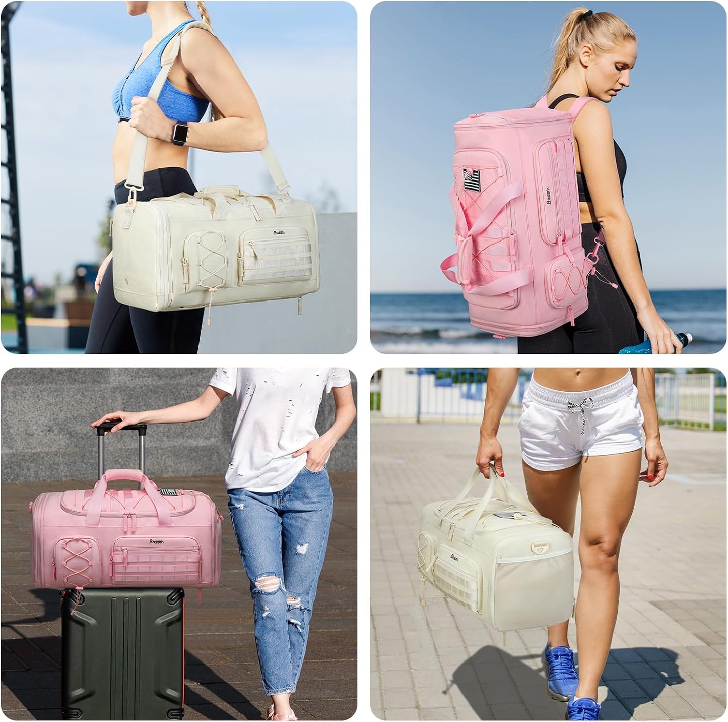 Gym Bag for Women & Men, 45L Travel Duffle Sports Duffel Bag Gym Weekender Overnight Backpack with Shoe Compartment (4Beige)
