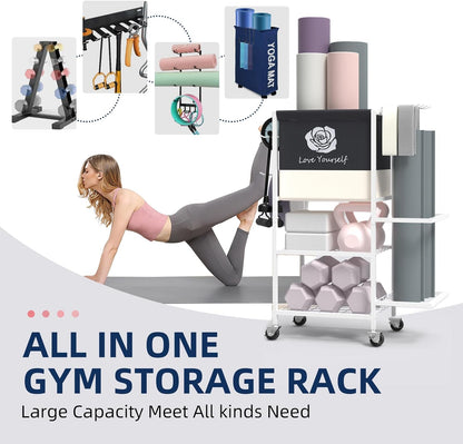 Yoga Mat Storage Rack，Home Gym Storage Rack Gym Workout Equipment Storage Organizer Fitness Weight Rack on Wheels for Yoga Mat,Yoga Block,Foam Roller,Resistance Band,Dumbbell,Kettlebell and Other Workout Accessories