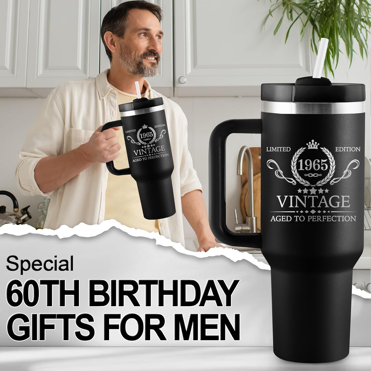 60Th Birthday Gifts for Men - 60Th Birthday Decorations for Men - 60 Year Old Birthday Gift for Man - 1965 Birthday Gift Ideas - 40Oz Travel Cup Insulated Tumbler with Handle & Straw