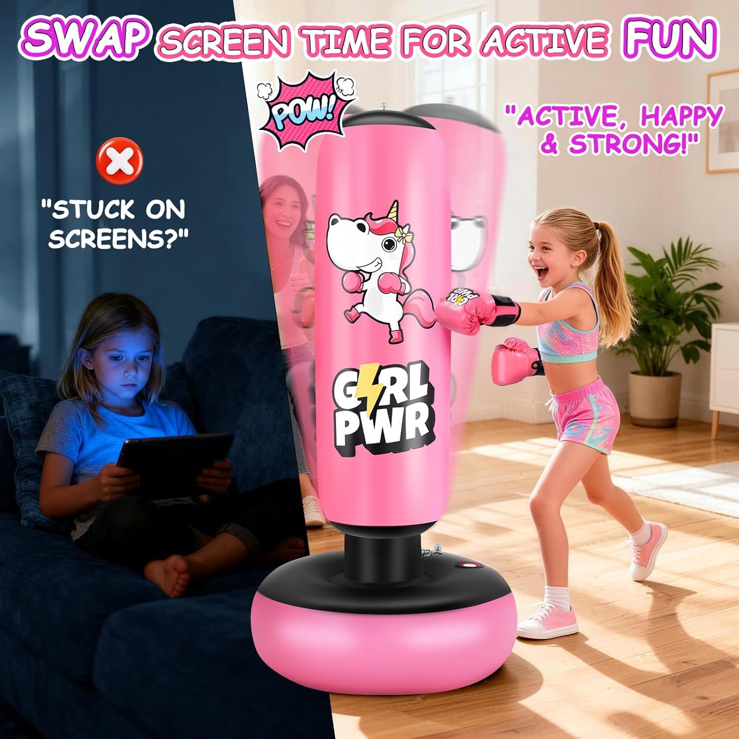 Inflatable Punching Bag, 66" Inflatable Boxing Bag for Kids with Boxing Gloves for 3-12 Girls, Stable Boxing Set for Practicing Karate, Taekwondo, Unicorn Toy & Gifts for Girls