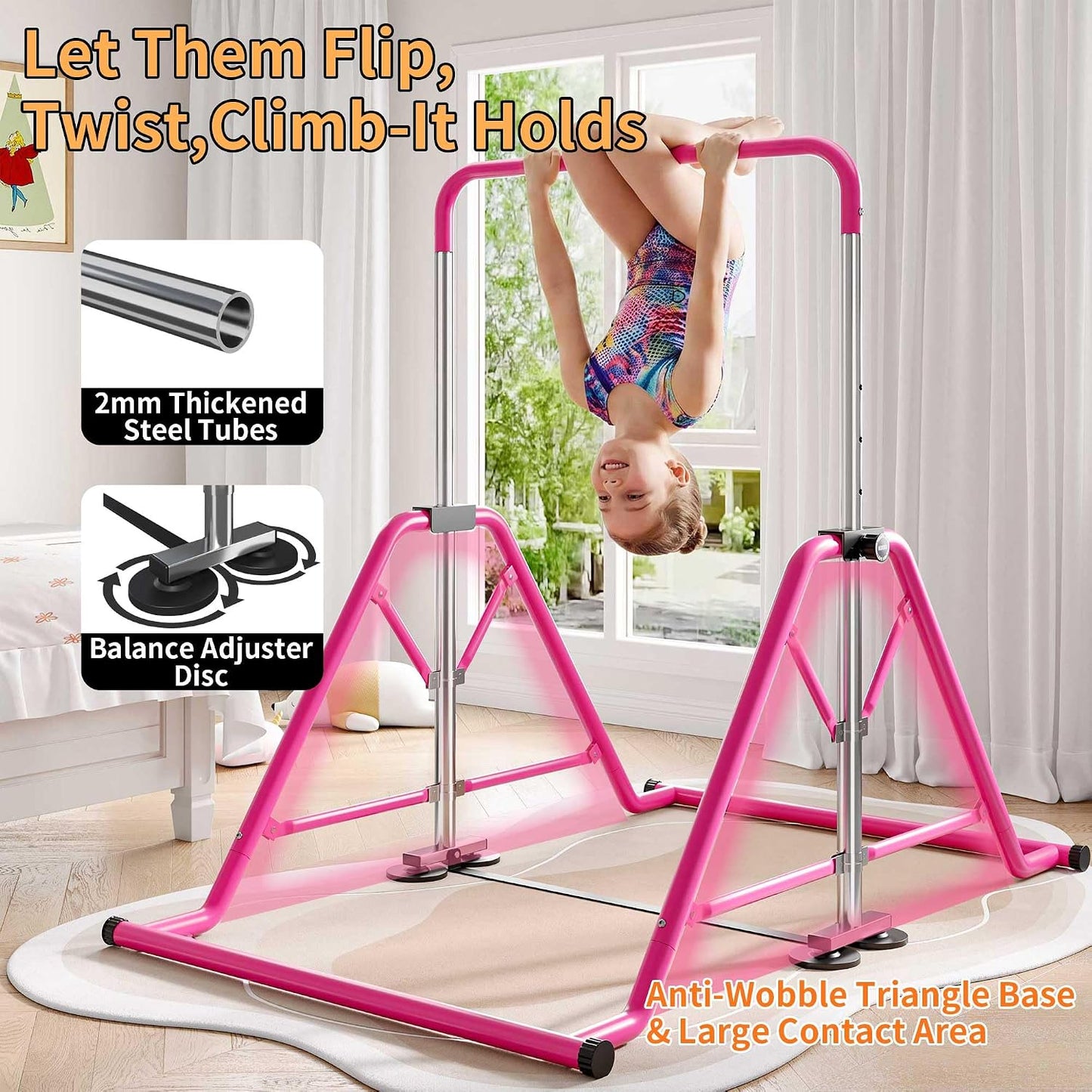 Expandable Kids Gymnastics Kip Bar - Upgraded Dual Base, Folding Adjustable Height 44''-60'', 350LBS Weight Limit, Anti-Slip Suction Feet, Home Training Bar for Kids Ages 3-13 (Pink)