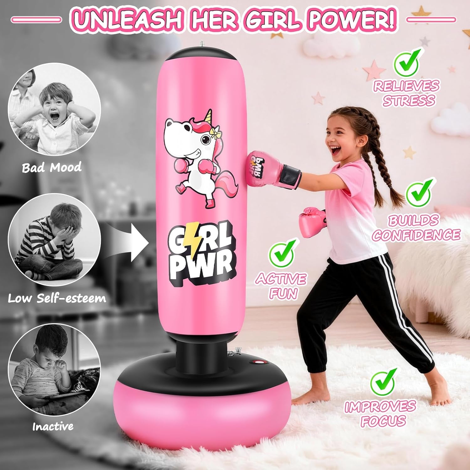 Inflatable Punching Bag, 66" Inflatable Boxing Bag for Kids with Boxing Gloves for 3-12 Girls, Stable Boxing Set for Practicing Karate, Taekwondo, Unicorn Toy & Gifts for Girls