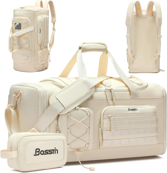 Gym Bag for Women & Men, 45L Travel Duffle Sports Duffel Bag Gym Weekender Overnight Backpack with Shoe Compartment (4Beige)