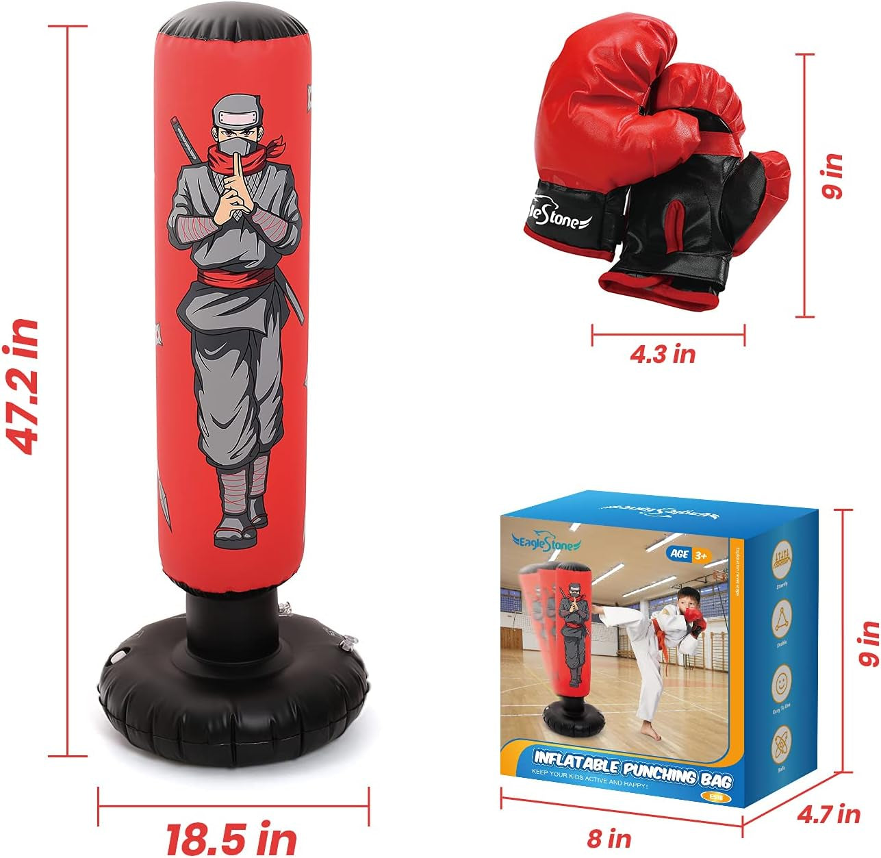 47" Kids Punching Bag with Boxing Gloves – Inflatable Boxing Bag for Boys & Girls, Standing Training Toy for Fitness & Stress Relief
