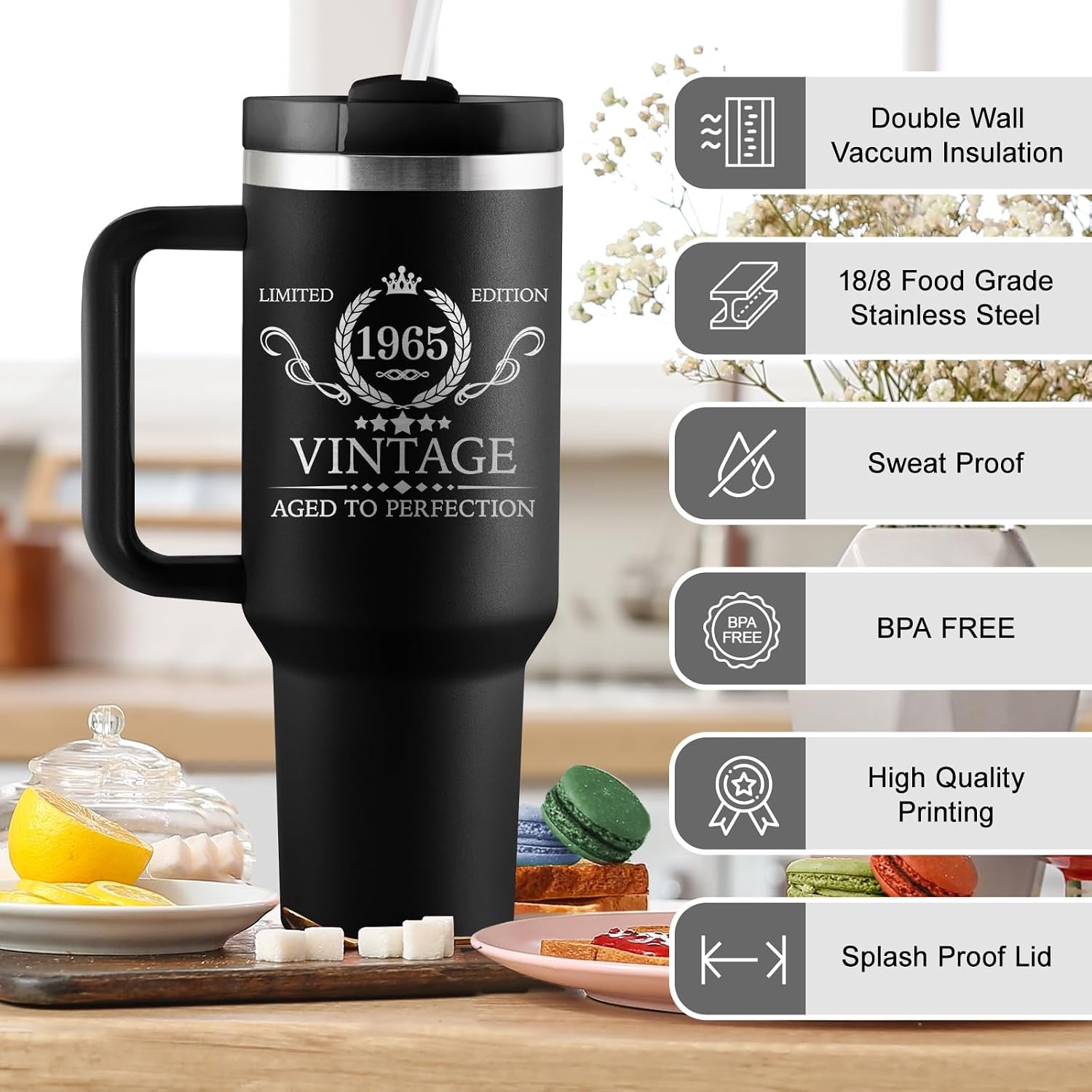 60Th Birthday Gifts for Men - 60Th Birthday Decorations for Men - 60 Year Old Birthday Gift for Man - 1965 Birthday Gift Ideas - 40Oz Travel Cup Insulated Tumbler with Handle & Straw