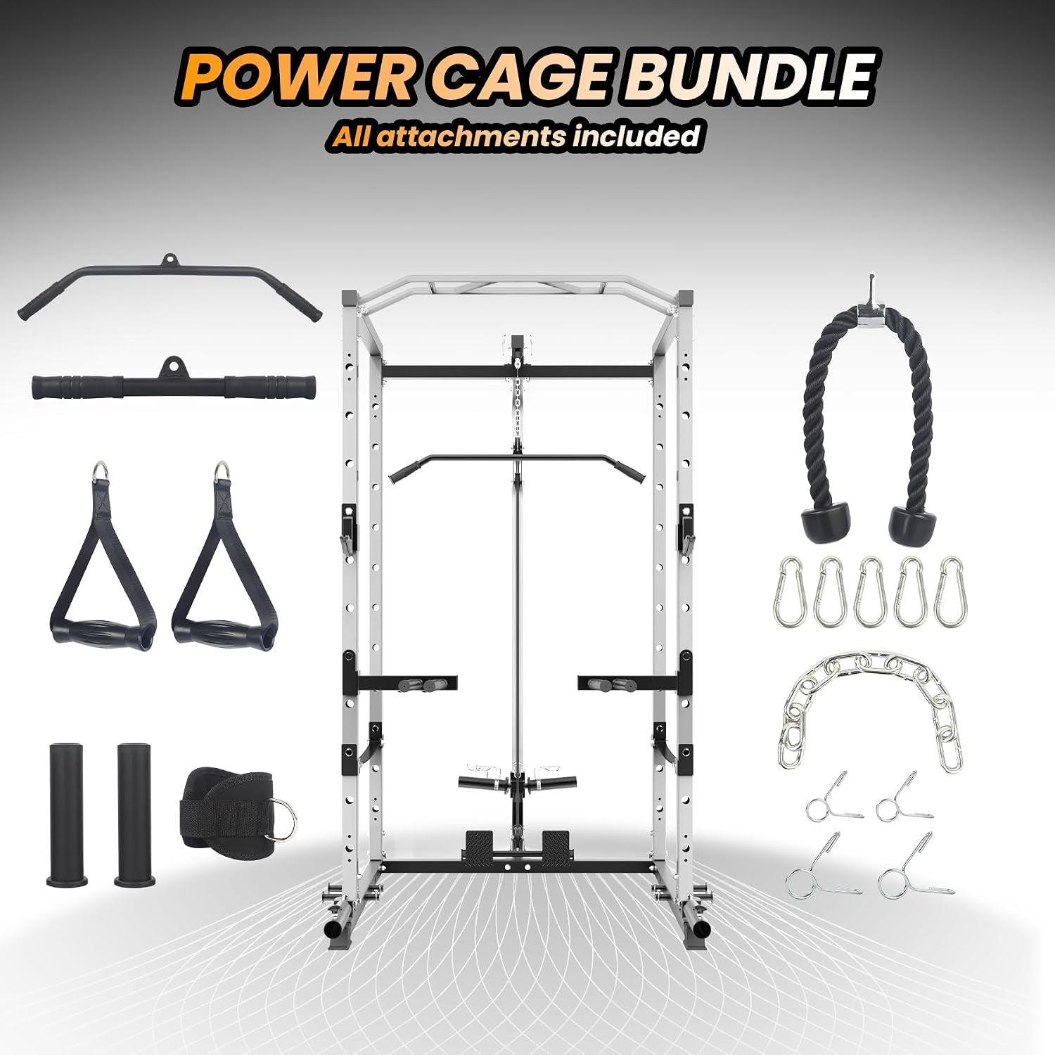 Power Cage, Multi-Function Squat Rack with LAT Pulldown, 1600 LBS Weight Capacity Fitness Power Rack with Cable Pulley System and J-Hooks, Dip Bars and Landmine Attachment for Home Gym