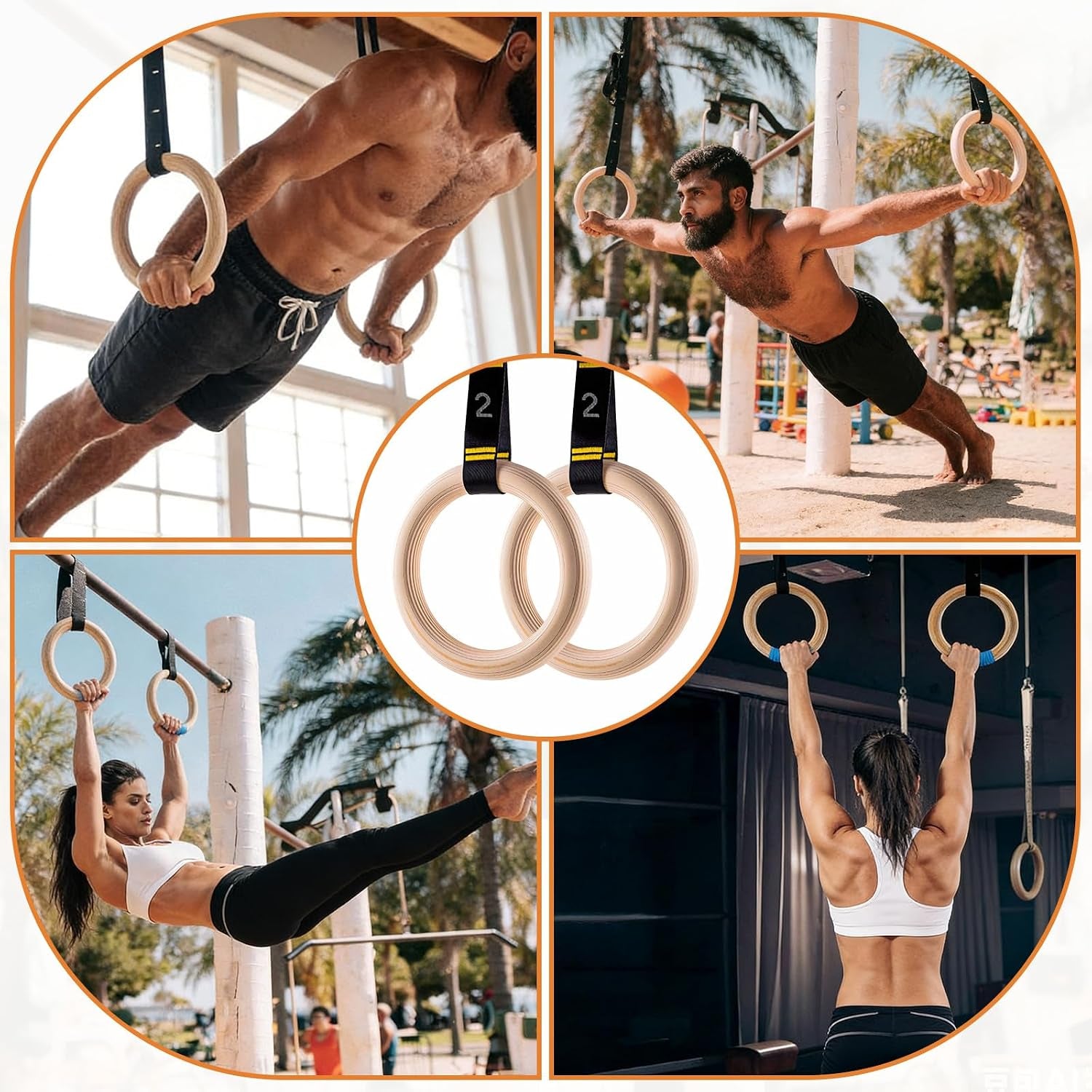 Wooden Gym Rings with 9Ft Double-Layer Numbered Straps Quick Adjust. 1.25” Olympic Rings for Home Gym Small Apartment Hotel Camping Full Body Workout Calisthenics Strength Training Body