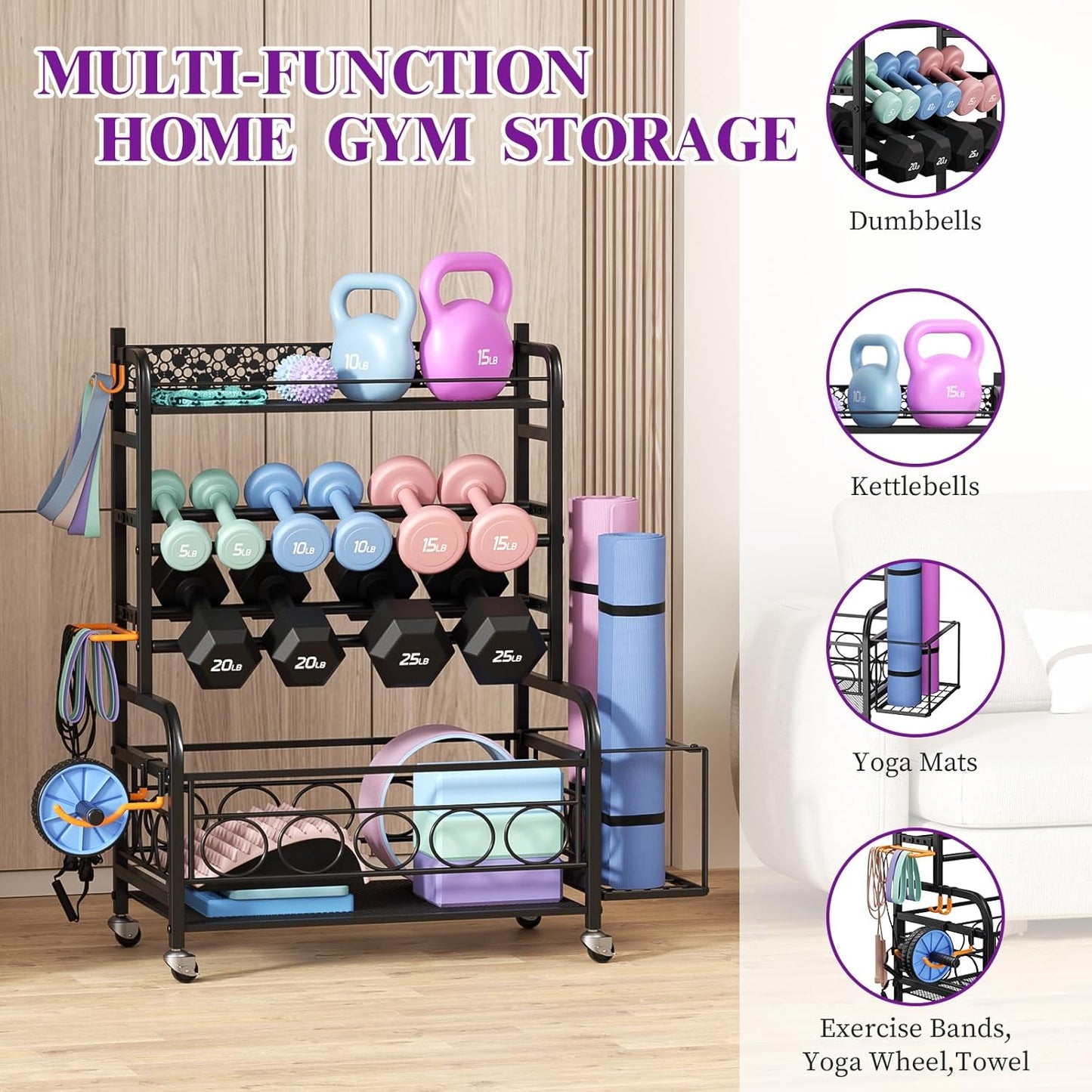 Dumbbell Rack,  Adjustable Weight Rack for Home Gym, Home Gym Storage Rack for Yoga Mat Kettlebells and Strength Training Equipment, Weight Storage Rack for Dumbbells with Wheels