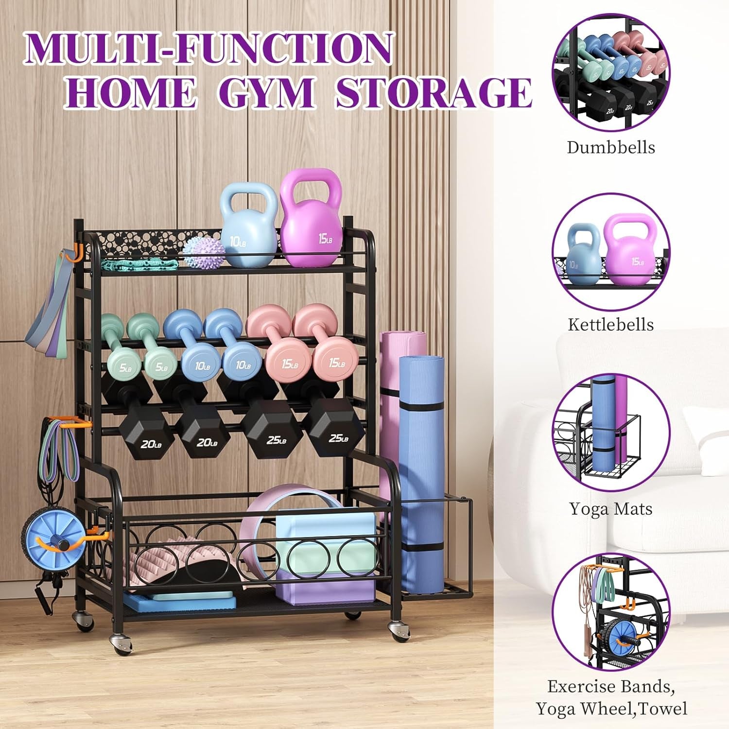 Dumbbell Rack,  Adjustable Weight Rack for Home Gym, Home Gym Storage Rack for Yoga Mat Kettlebells and Strength Training Equipment, Weight Storage Rack for Dumbbells with Wheels