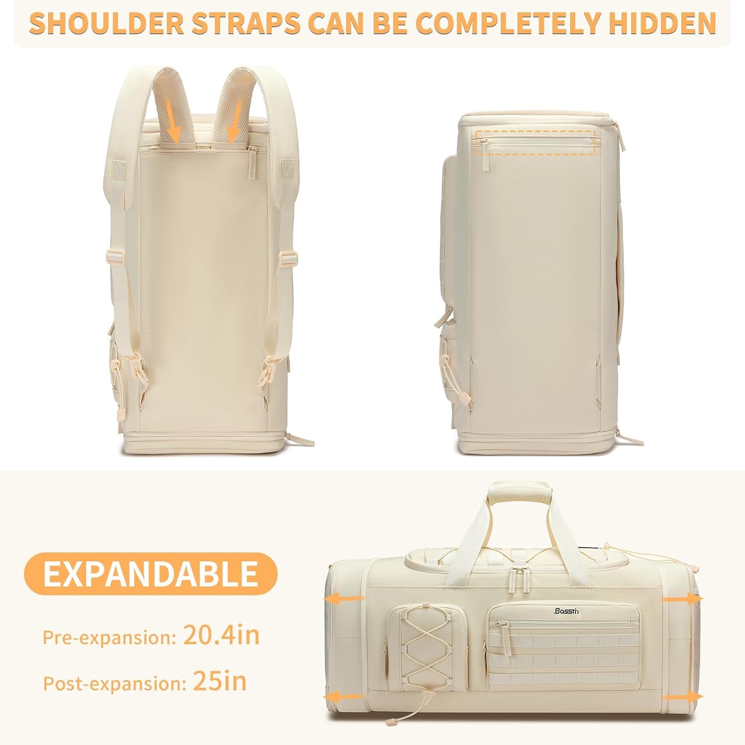 Gym Bag for Women & Men, 45L Travel Duffle Sports Duffel Bag Gym Weekender Overnight Backpack with Shoe Compartment (4Beige)