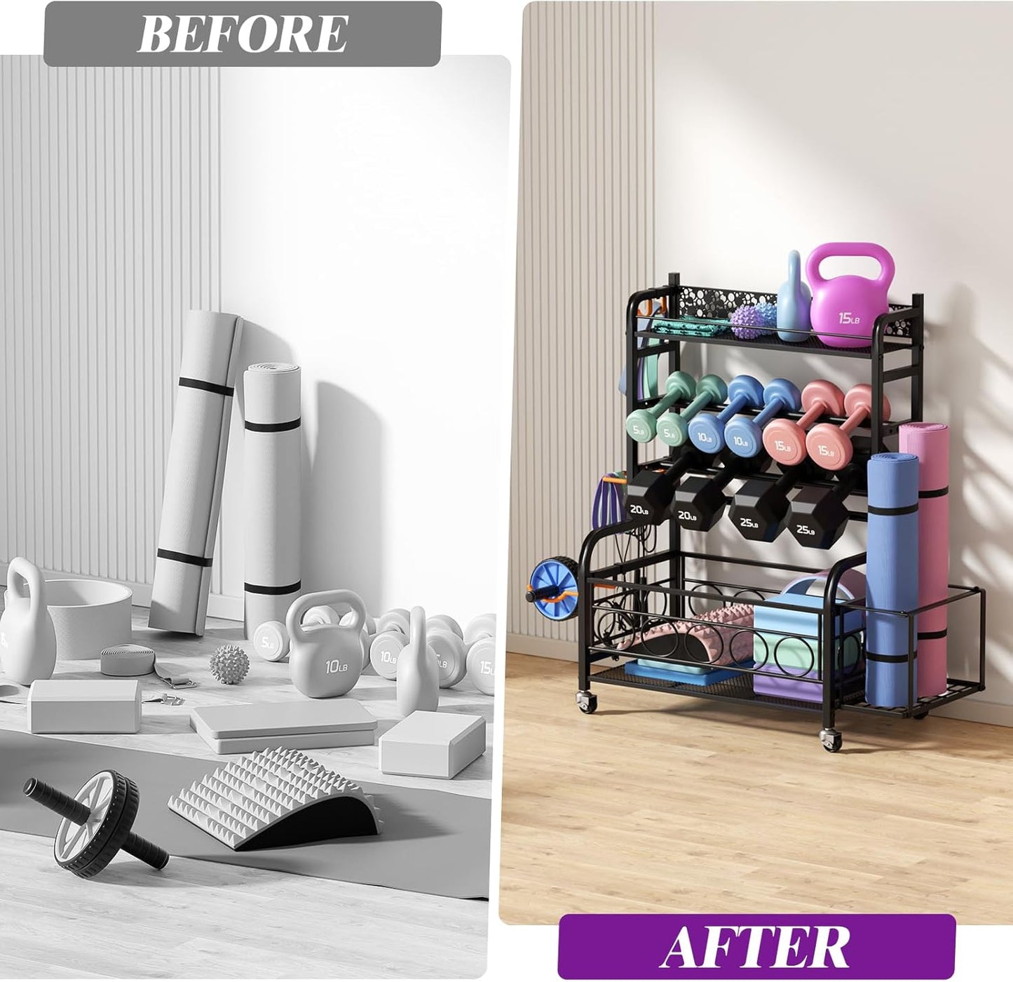 Dumbbell Rack,  Adjustable Weight Rack for Home Gym, Home Gym Storage Rack for Yoga Mat Kettlebells and Strength Training Equipment, Weight Storage Rack for Dumbbells with Wheels
