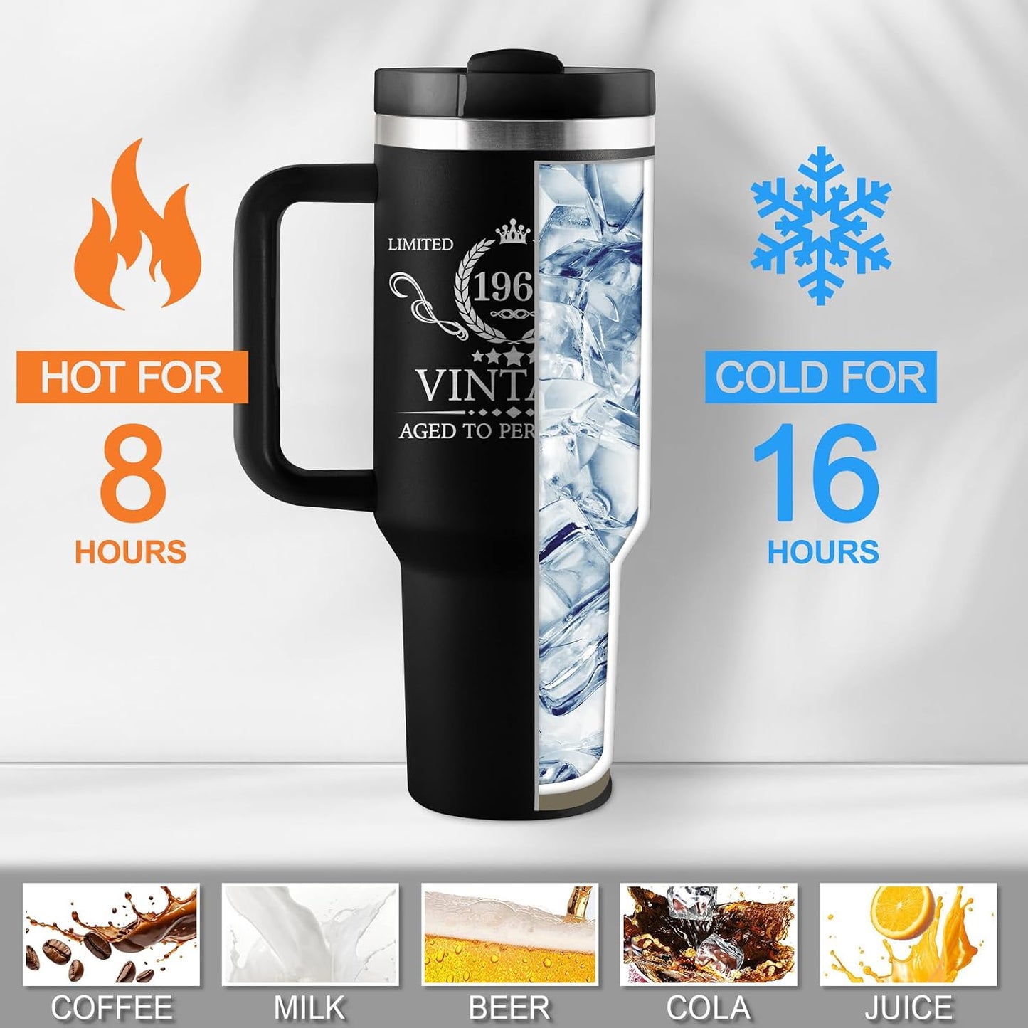 60Th Birthday Gifts for Men - 60Th Birthday Decorations for Men - 60 Year Old Birthday Gift for Man - 1965 Birthday Gift Ideas - 40Oz Travel Cup Insulated Tumbler with Handle & Straw