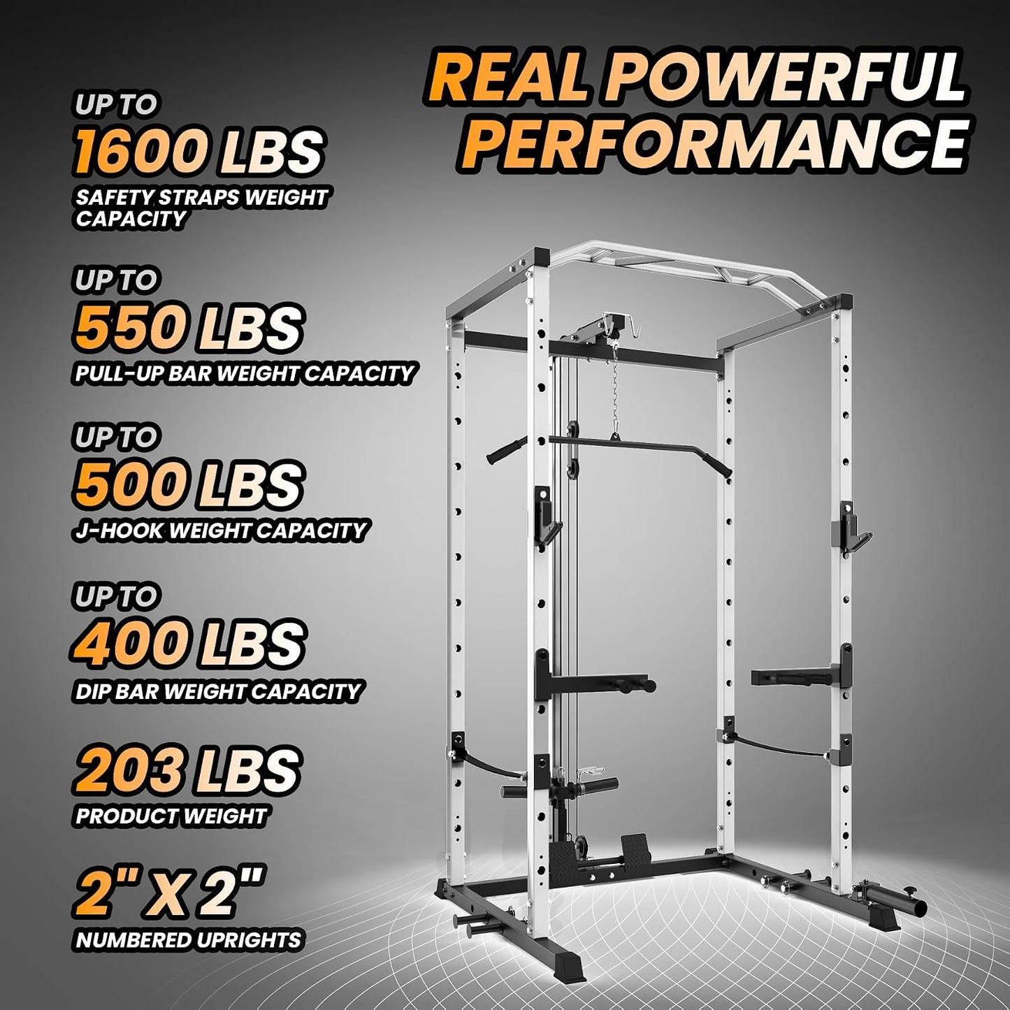 Power Cage, Multi-Function Squat Rack with LAT Pulldown, 1600 LBS Weight Capacity Fitness Power Rack with Cable Pulley System and J-Hooks, Dip Bars and Landmine Attachment for Home Gym