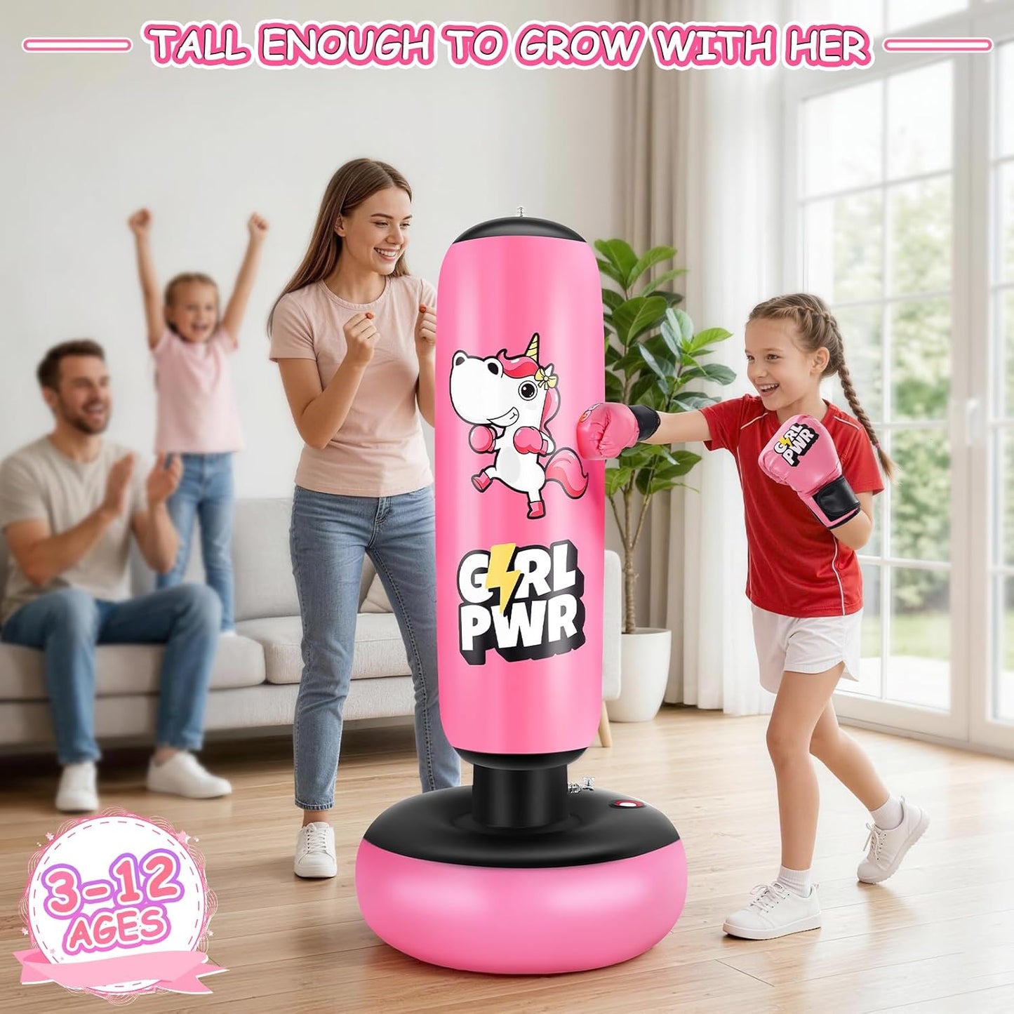 Inflatable Punching Bag, 66" Inflatable Boxing Bag for Kids with Boxing Gloves for 3-12 Girls, Stable Boxing Set for Practicing Karate, Taekwondo, Unicorn Toy & Gifts for Girls