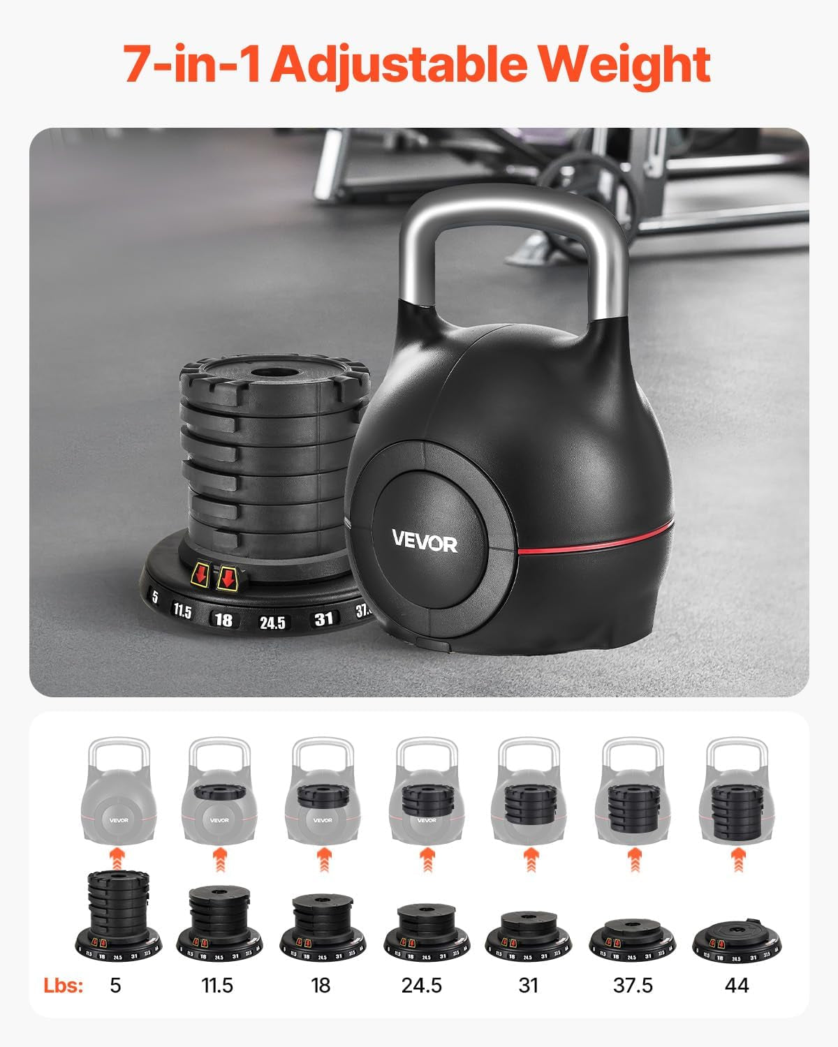 Kettlebell, Adjustable Kettlebell with 7 Weight Levels, Die-Cast Aluminum and ABS Material, for Grip Strength Training, Full-Body Workout & Cross-Training