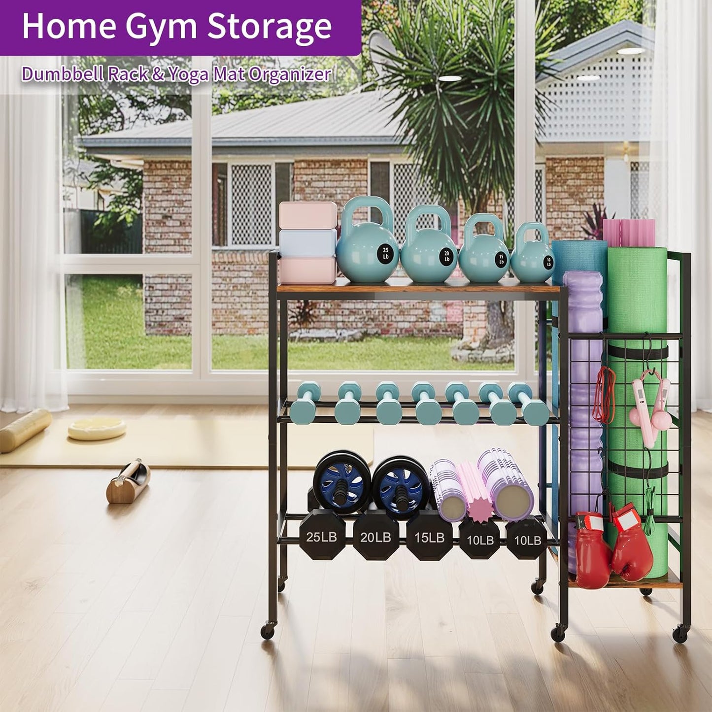 Dumbbell Rack, Gym Storage Rack, Weight Rack for Home Gym, Dumbbells, Kettlebells, Yoga Mats & More Space-Saving Home Gym Organizer