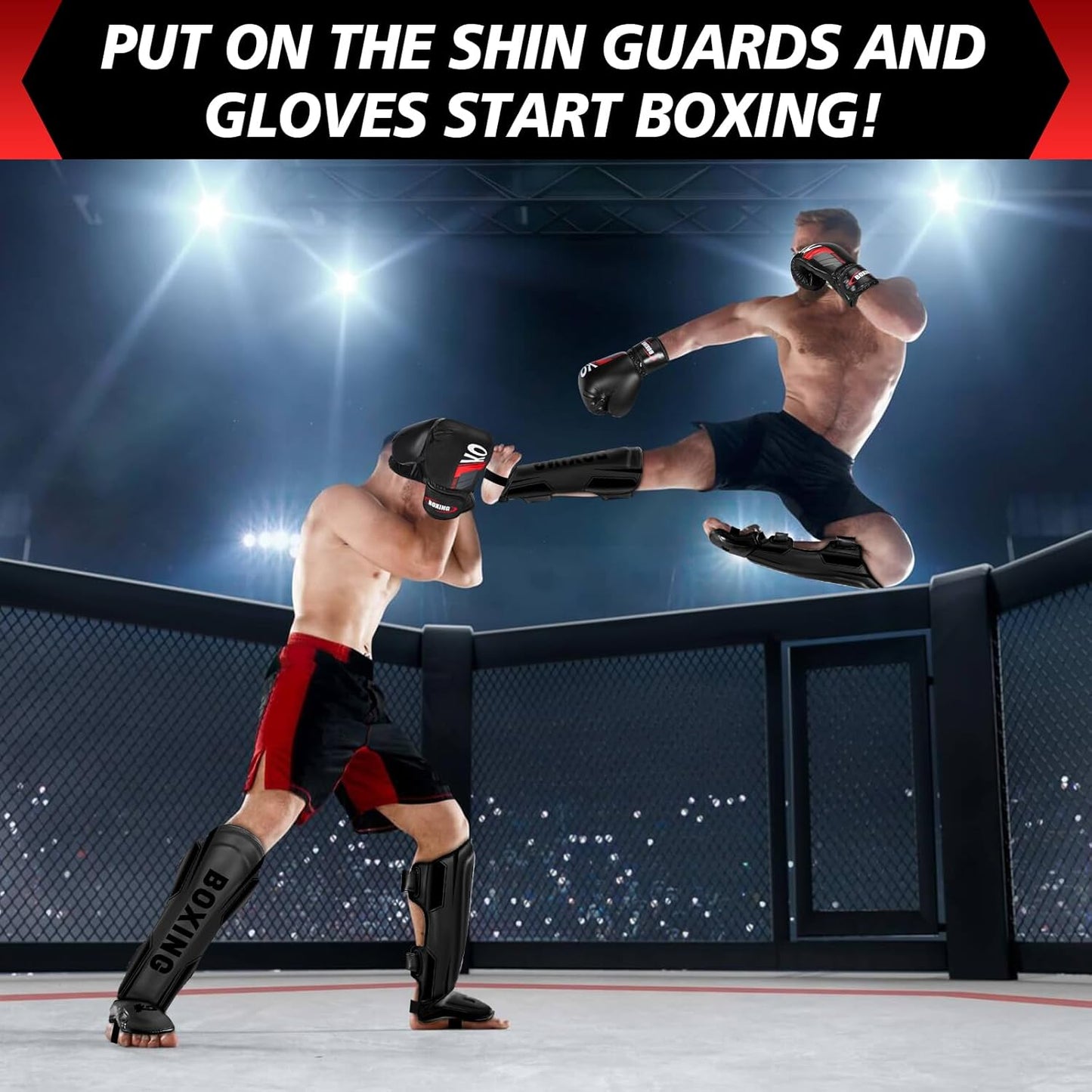 Kickboxing Shin Guards Muay Thai Shin Pads with 16 OZ Boxing Gloves, Adjustable Leg Guards with Instep Protection Shinguards with Workout Gloves Martial Arts Training Equipment for MMA Training