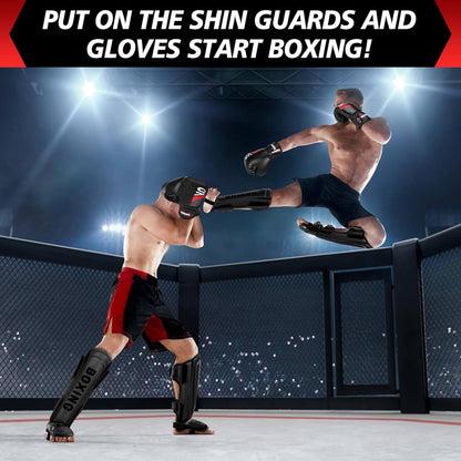 Kickboxing Shin Guards Muay Thai Shin Pads with 16 OZ Boxing Gloves, Adjustable Leg Guards with Instep Protection Shinguards with Workout Gloves Martial Arts Training Equipment for MMA Training