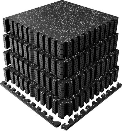 0.56" Thick 96 Sq Ft Exercise Mats,24 Tiles Rubber Top 24"X24" Interlocking Puzzle Gym Flooring with High Density EVA Foam for Home Gym & Heavy Weight Workout,Black/Grey