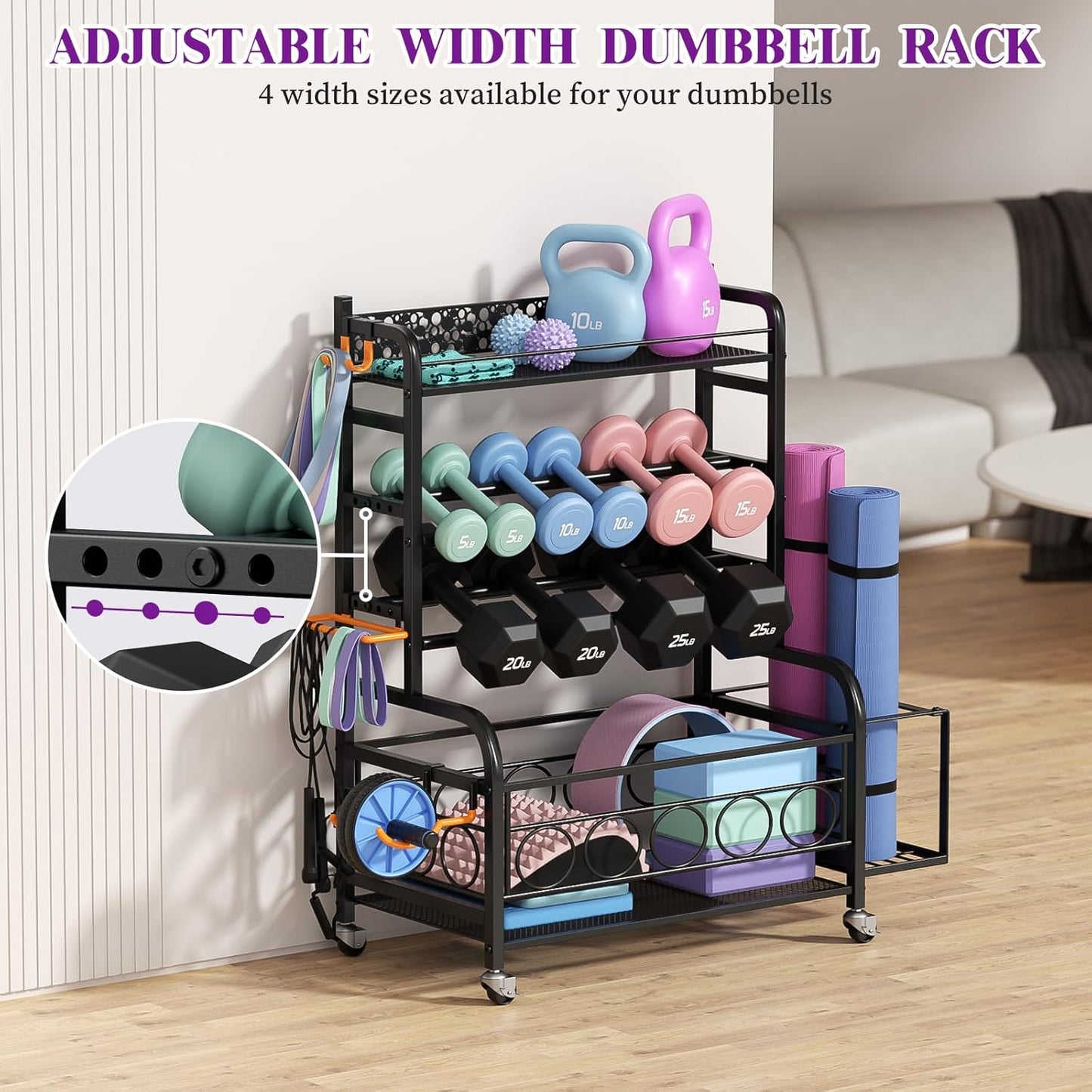 Dumbbell Rack,  Adjustable Weight Rack for Home Gym, Home Gym Storage Rack for Yoga Mat Kettlebells and Strength Training Equipment, Weight Storage Rack for Dumbbells with Wheels
