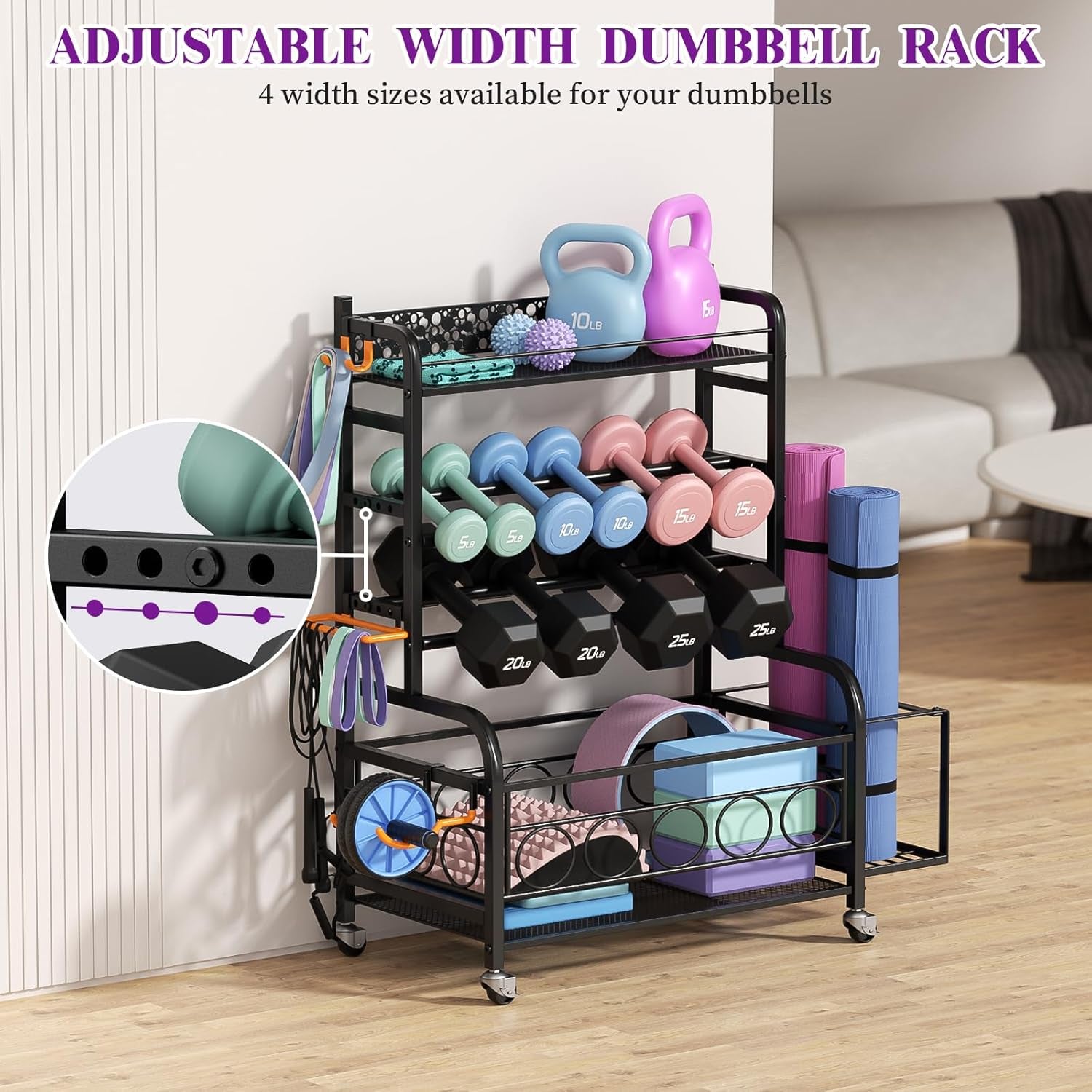 Dumbbell Rack,  Adjustable Weight Rack for Home Gym, Home Gym Storage Rack for Yoga Mat Kettlebells and Strength Training Equipment, Weight Storage Rack for Dumbbells with Wheels