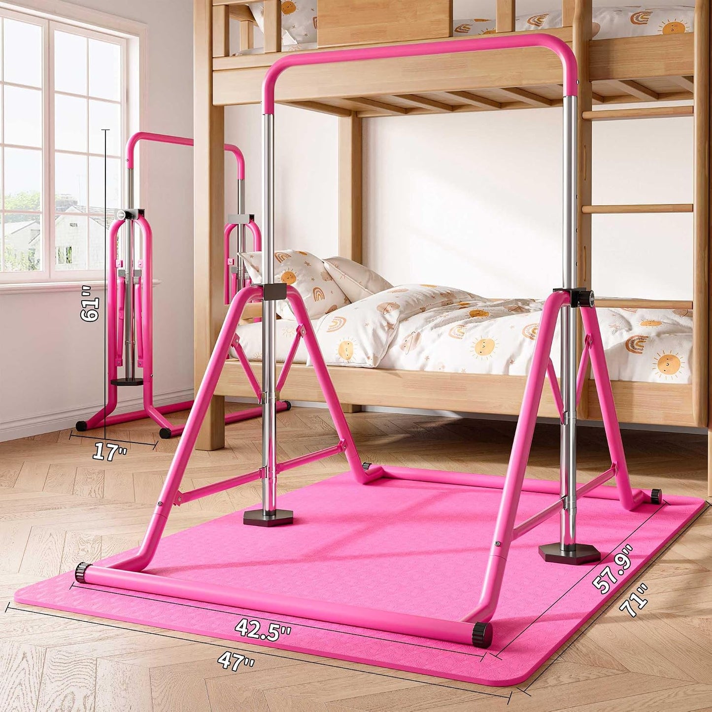Expandable Gymnastics Bars 45''-61'' with Side Support Bars for Kids Ages 5-13 | 300Lb Weight Capacity Enhanced Stability 5-Level Adjustable Foldable Quick 10Min Assembly Non-Slip Base