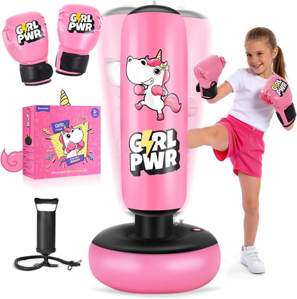 Inflatable Punching Bag, 66" Inflatable Boxing Bag for Kids with Boxing Gloves for 3-12 Girls, Stable Boxing Set for Practicing Karate, Taekwondo, Unicorn Toy & Gifts for Girls