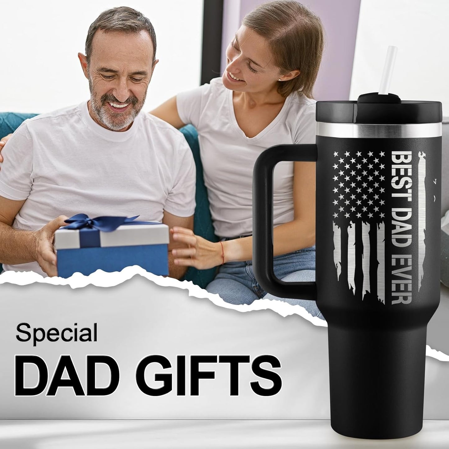 Dad Gifts Fathers Day Gift for Dad Best Dad Ever Gift from Daughter Son Kids Wife 40Oz Travel Cup Insulated Tumbler with Handle & Straw