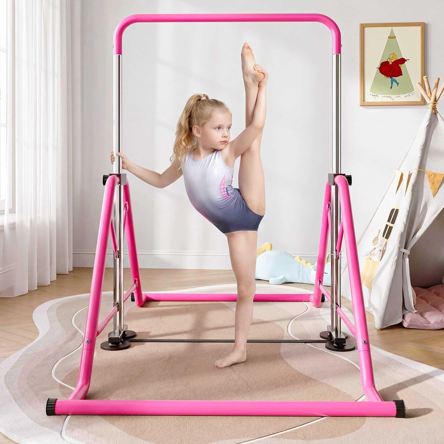 Expandable Kids Gymnastics Kip Bar - Upgraded Dual Base, Folding Adjustable Height 44''-60'', 350LBS Weight Limit, Anti-Slip Suction Feet, Home Training Bar for Kids Ages 3-13 (Pink)